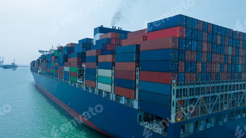 Preview: Stern of large cargo container ship import export container box on the ocean sea