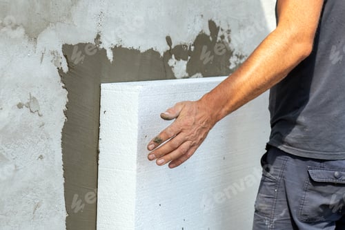 Preview: Insulation of facade wall with styrofoam sheets. Polystyrene insulation boards with glue adhesive