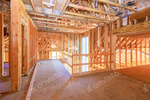 Preview: New residential under construction is framing an unfinished wood frame with wooden truss, post beam