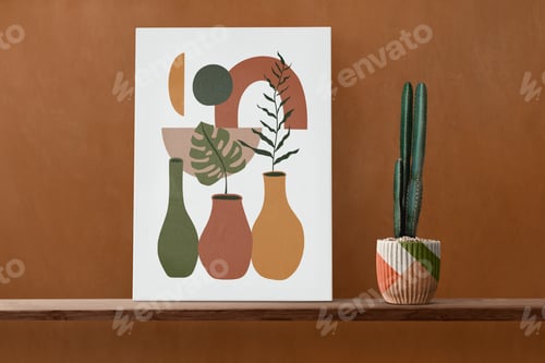 Preview: Canvas wall art on a wooden shelf with cactus