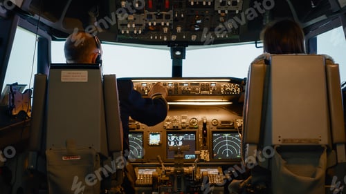 Preview: Captain and woman copilot in cockpit preparing to fly airplane
