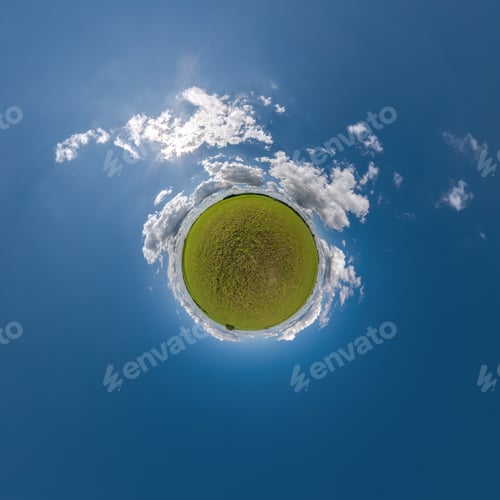 Preview: green tiny planet in blue sky with beautiful clouds with transformation of spherical panorama