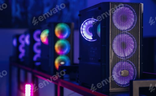 Preview: Gaming computer is in the dark room with neon lighting