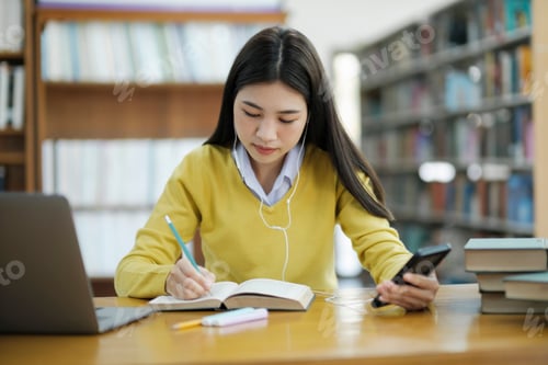 Preview: Student sitting and studying at library.