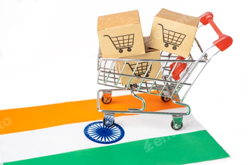 Preview: Box with shopping cart logo and India flagImport Export Shopping online