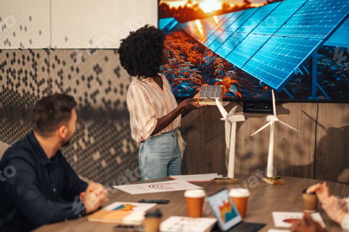 Preview: Interracial innovative expert pitching revolutionary solar panels.