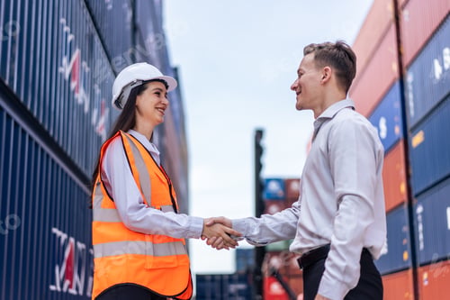 Preview: Caucasian businesswoman and businessman worker work in container port.