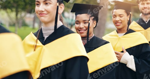 Preview: Row, graduation and students outdoor at university for achievement in degree, certificate or diplom