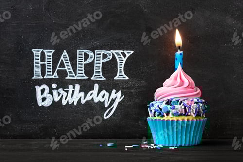 Preview: Birthday cupcake with chalkboard happy birthday message
