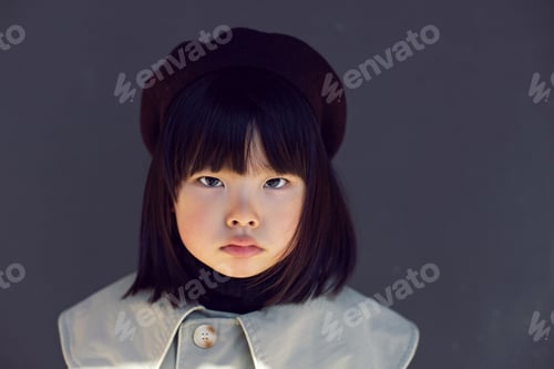 Preview: Korean girl in a gray coat and cap stands the street in spring.