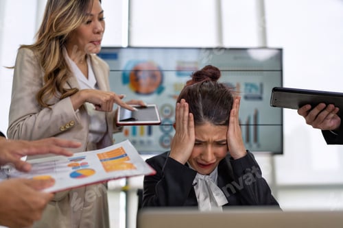 Preview: Stressed overwhelmed business worker feels tired at work overload exhausted suffering from headache