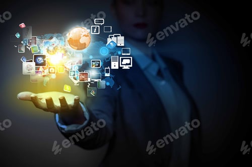 Preview: Application Icons In Human Hand. Wireless Technologies