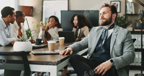 Preview: Meeting, thinking and business man with vision, idea and professional insight with risk management