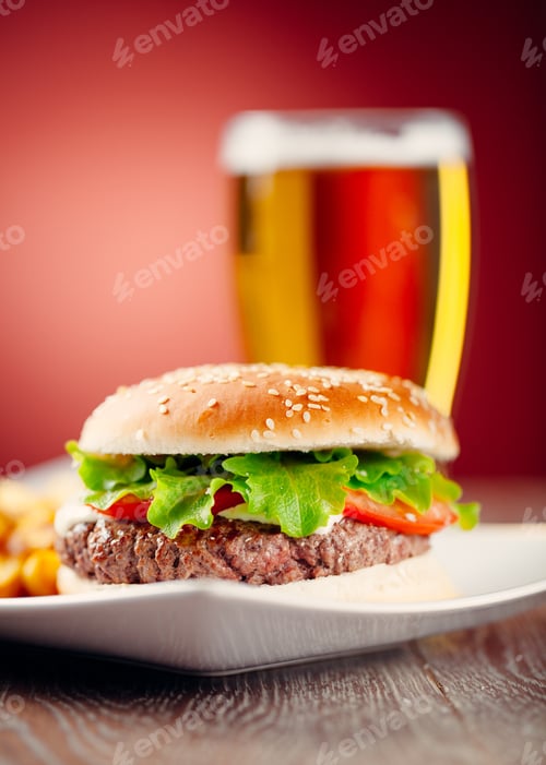 Preview: Big sandwich. Hamburger burger with beef, tomato, cheese and salad.
