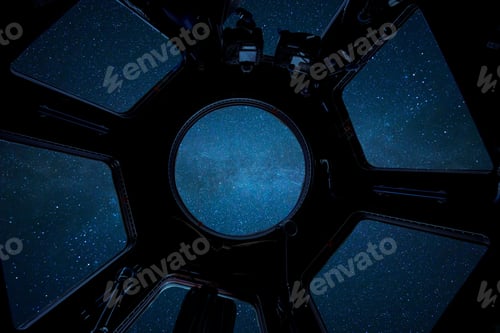 Preview: Deep starry space, view from the ISS cabin. Spaceship travels in space. International Space Station