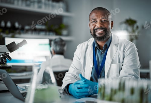 Preview: Scientist black man, portrait and lab with smile for research, plants and vision with innovation wi