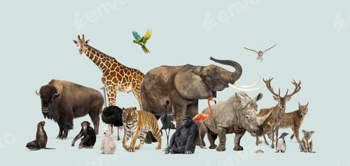 Preview: Large group of wild animals posing together including mammals, birds and reptiles