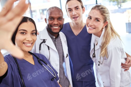 Preview: Team of doctors take a selfie together after success in the surgery emergency room in a hospital of