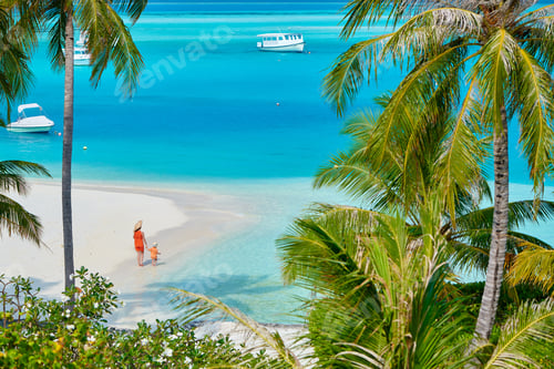Preview: Three Year Old Toddler Boy On Beach With Mother. Summer Family Vacation At Maldives.