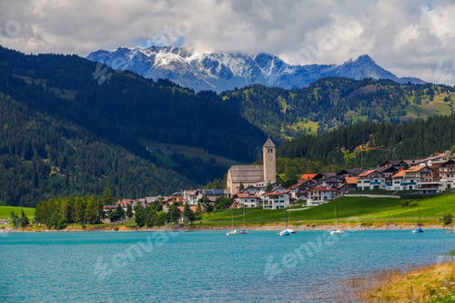 Preview: Landscape view of lake and village in Vinschgau Valley, South Tyrol, Italy
