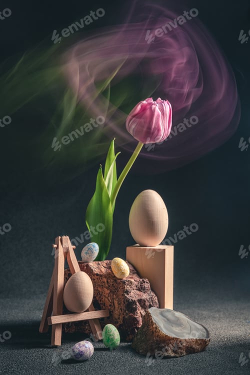 Preview: concept spring. freakebana. purple tulip and Easter eggs. easter concept.
