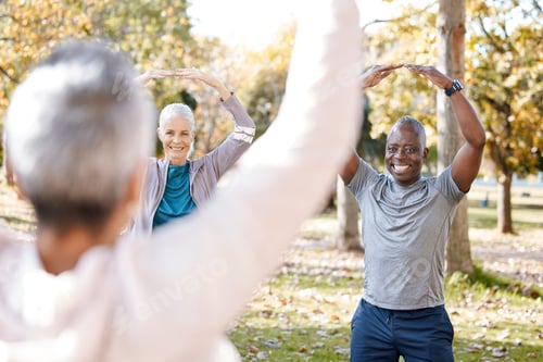 Preview: Stretching, yoga and peace with old people in park for fitness, health or workout. Mindfulness, tra