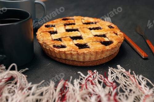 Preview: Berry tart pie on black table close up