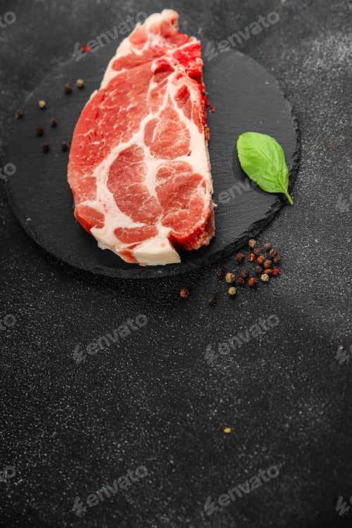 Preview: raw Pork steak escalope meat dish Fresh tasty food background on the table rustic food top view