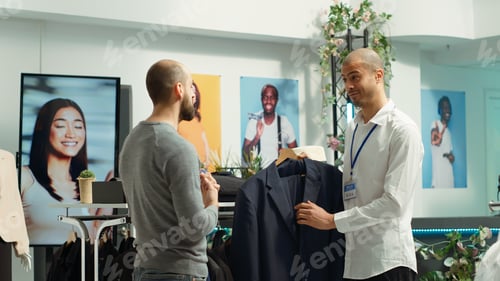 Preview: Middle eastern employee assisting client to choose from new collection of items