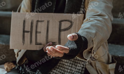 Preview: Beggar,Hand of Homeless adult man seeking help on the stairs. Indifference of people. Social issues.
