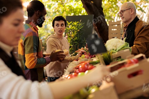 Preview: Diverse family looking at farmers market fresh produce