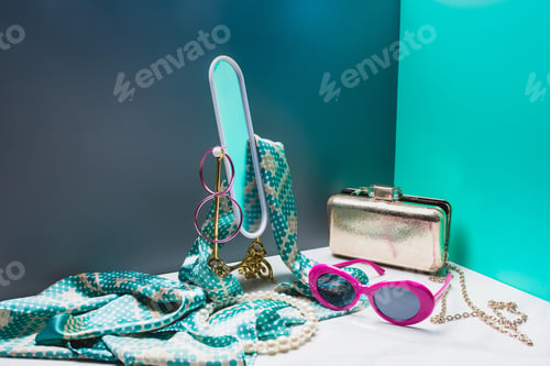 Preview: toy mirror with silk scarf and stylish female accessories in miniature blue room