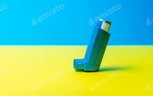 Preview: Asthma inhaler - a remedy for asthma and allergic diseases on a blue-yellow background