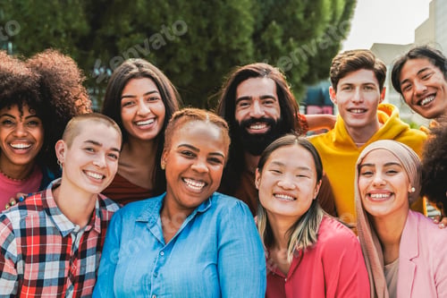 Preview: Multiethnic diverse group of people having fun outdoor - Diversity lifestyle concept