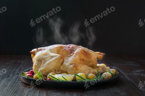 Preview: Roasted hot chicken with potatoes and rosemary on wooden black table. Copy space.