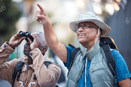 Preview: Binoculars, city and men pointing outdoor for travel, explore vacation or tourist adventure walk. H