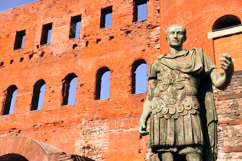 Preview: Ancient Roman bronze statue of Emperor Augustus, Porte Palatine city gate, Turin, Piedmont, Italy