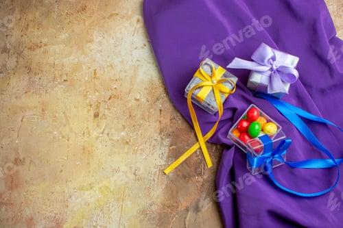 Preview: top view little presents on light background color photo gift new year xmas free space
