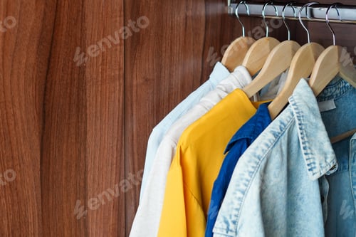 Preview: Colorful Shirts Hanging in Wood Closet