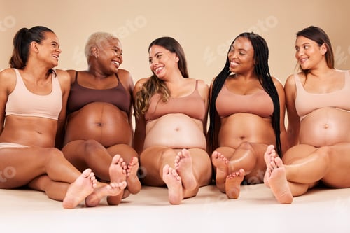 Preview: Pregnancy, body and laughing women on floor of studio background in relax support, mothers day or d