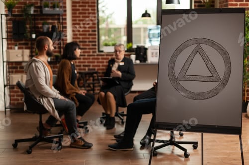 Preview: Concept of group therapy session with alcoholic people and aa meeting sign on board