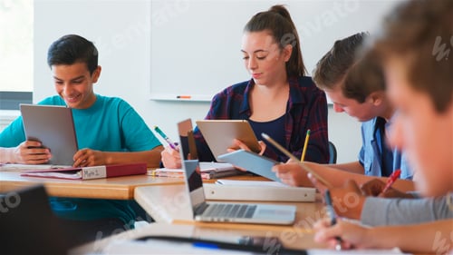 Preview: Class Of Multi-Cultural High School Pupils Using Digital Devices Working At Desks