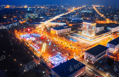 Preview: Evening Night Aerial View Cityscape Of Night City Life. Aerial Night View Main Christmas Tree And