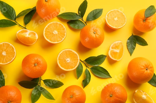 Preview: Fresh ripe oranges with green leaves on yellow background, flat lay