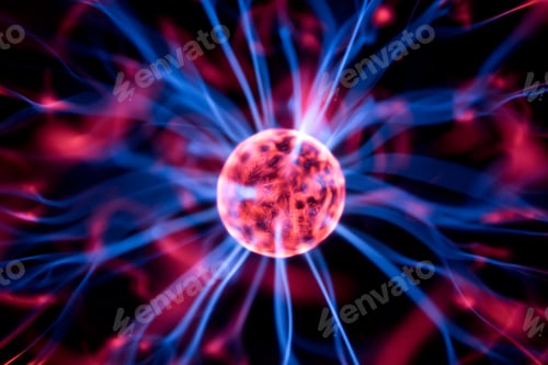 Preview: Decoration lamp in shape of plasma ball with red and blue electrodes, close-up