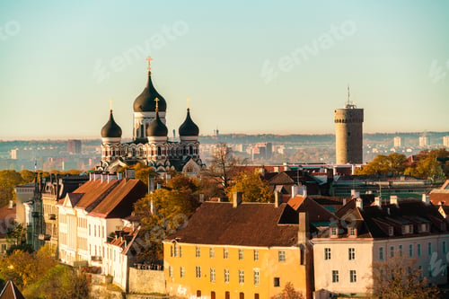 Preview: Aerial view of a cityscape with a prominent Alexander Nevsky Cathedral featuring black