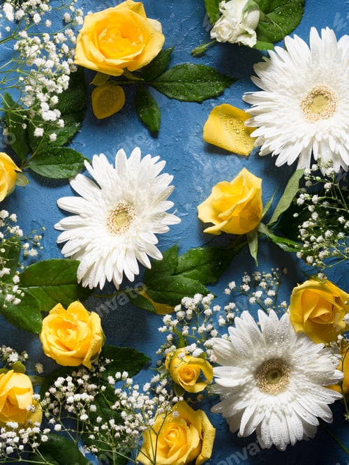Preview: Floral background with yellow and white flowers on blue