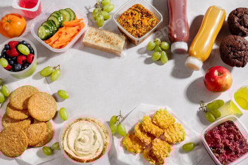 Preview: Premade quinoa and bulgur salads on table with gluten free nuggets and fresh smoothies