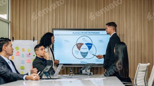 Vista previa: Un equipo diverso innova para los KPI de ventas mediante una lluvia de ideas colaborativa para desarrollar modelos de negocio.