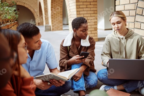 Preview: University, education and student group studying with laptop, book and phone with collaboration and